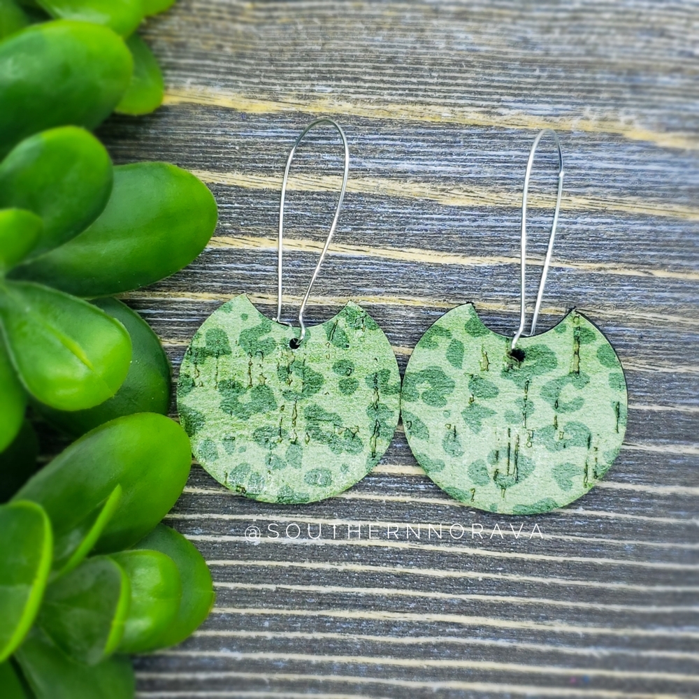 Green Leopard Print Cork on Leather Earrings